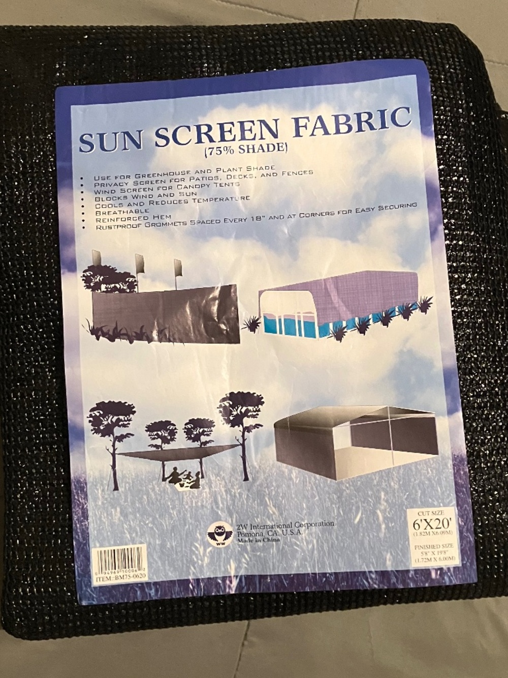 Sun Screen Fabric (75% Shade) - Black 6' x 20' rustproof grommets NEW WITH TAG,